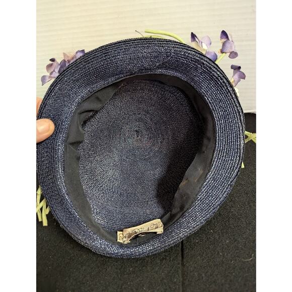 Vintage 40s The Rhodes Hat Navy Blue Straw Cloche Lilac Floral Wreath 50s main image 4